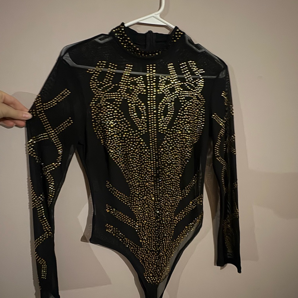 Black and Gold Bedazzled Mesh/Sheer Long Sleeve Bodysuit